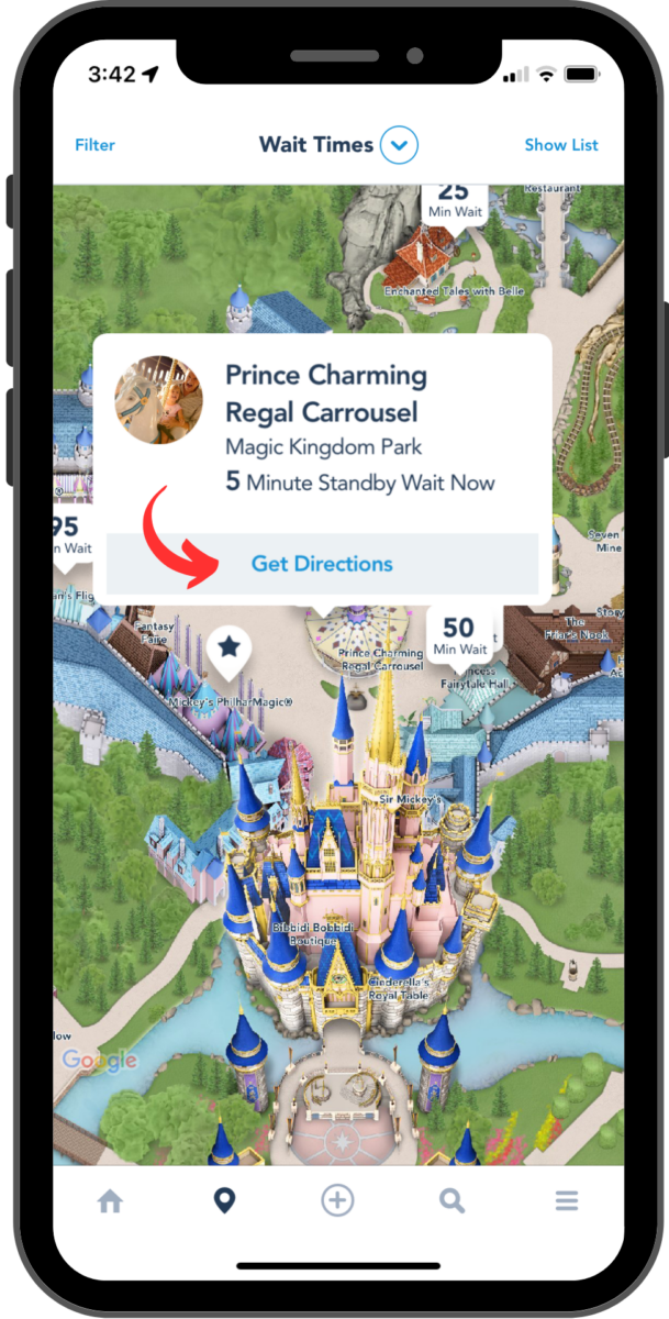 A pop-up has opened over the attraction showing the name, location, current wait time, and a button to Get Directions