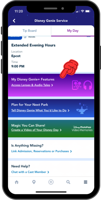 The screen shows a purple band labeled "My Disney Genie+ Features"; a pointing finger indicates that it should be clicked