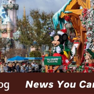 Disneyland Christmas details post cover image showing Mickey & Minnie in Christmas garb waving from a parade float with snow-capped Sleeping Beauty castle in the background.
