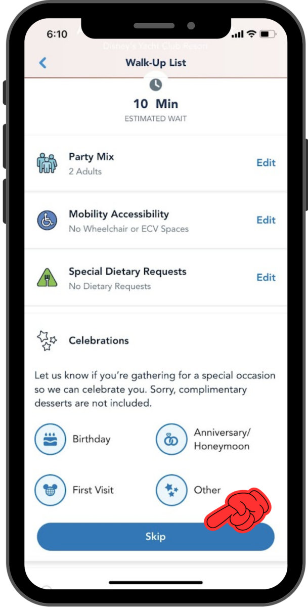 A list of Celebration types is displayed: Birthday, First Visit, Anniversary/Honeymoon, and Other