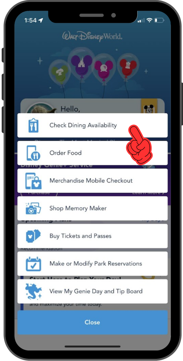 The pop-up list shows "Check Dining Availability" as an option at the top