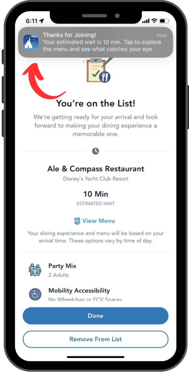 A confirmation screen, with a phone notification from the Disney World app at the top also confirming the Wait List status