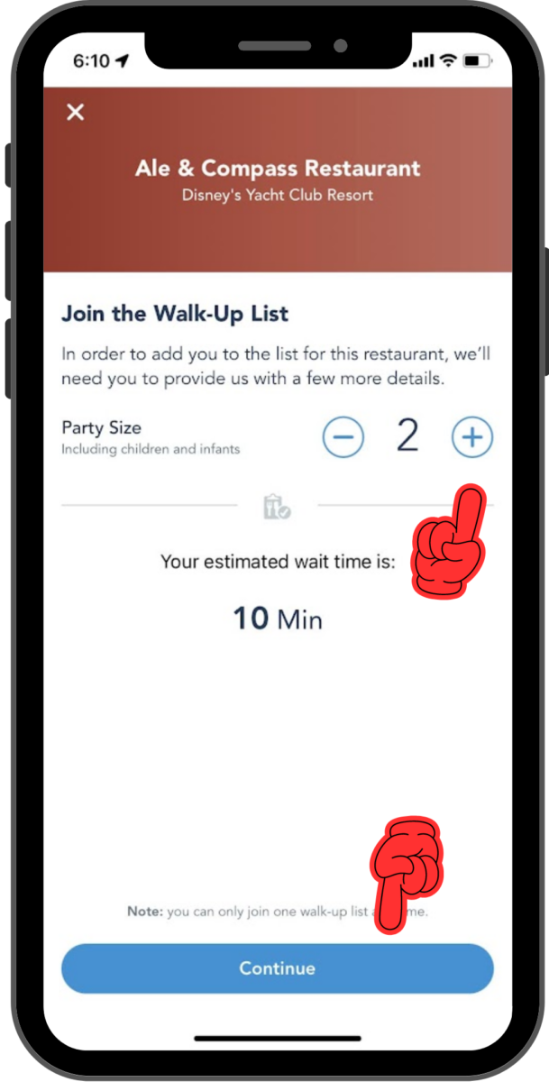 A screen where you select the number of people in your party. The waitlist will update the expected time, in theory