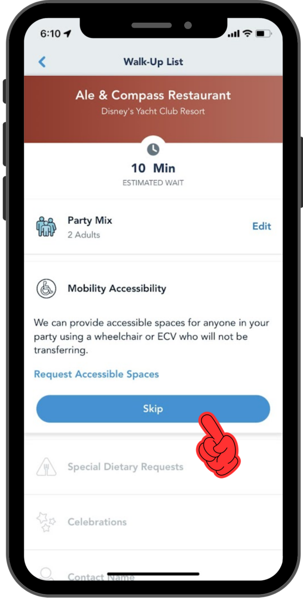 The Mobility / Accessibility options screen where you can specify if you need an accessible table