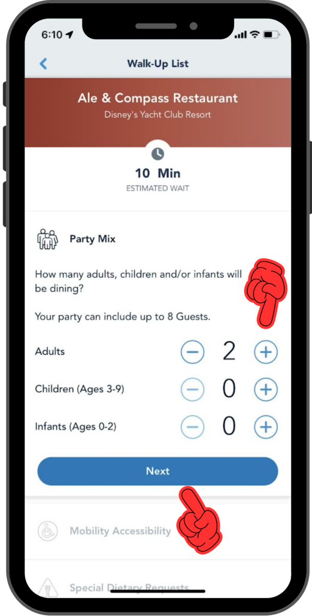 The first screen for joining the waitlist shows counters to enter how many of each age group are in your party. Options are Adults, Children age 3-9, and Infants