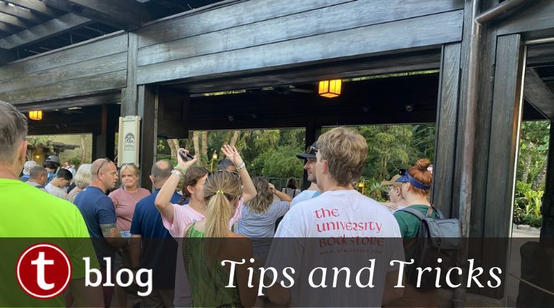 Rope Drop tips article cover showing a crowd of people right at the front of the line to the tapstiles at Animal Kingdom park