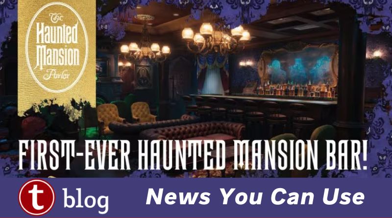Disney Treasure Haunted Mansion Announcement cover image showing the bar concept art released by Disney; Haunted Mansion wallpaper frames a lounge area with a bar that would fit right in at the attraction.
